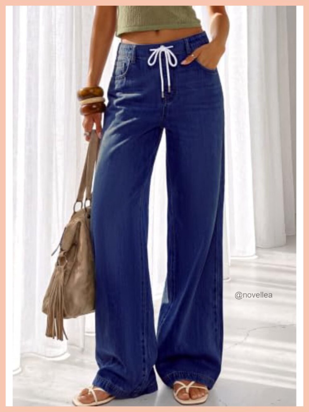 Stretchy High Waisted Wide Leg Jeans with Drawstring for Women Casual Baggy - Picture 4 of 6